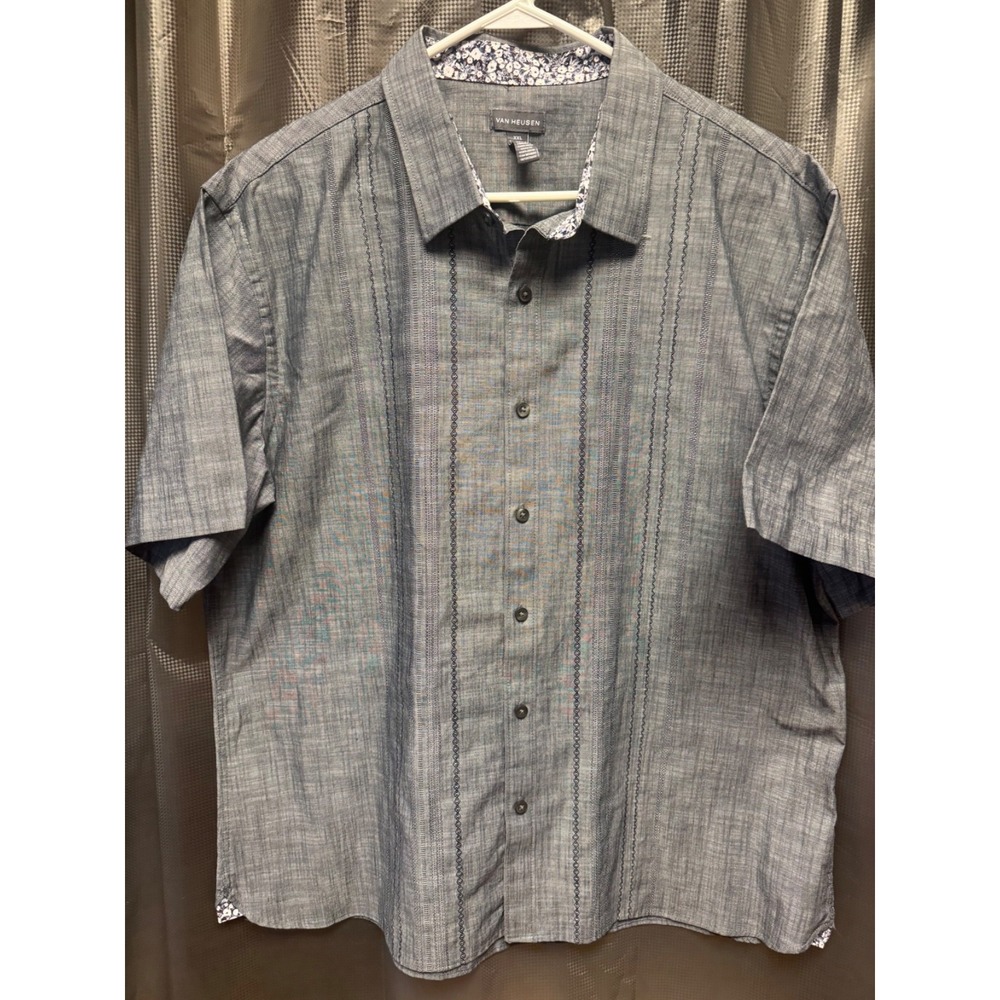 Van Heusen Shirt Men XXL Gray Button Up Collared Short Sleeve Cotton Regular